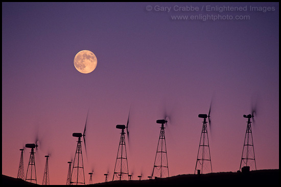 Picture: Full Moon over wind turbines (windmills) at Altamont Pass, Alameda County, California