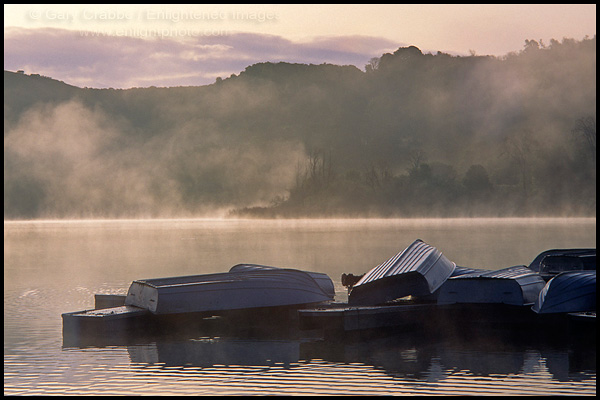 Picture: Row boats turned upside down on dock on a misty morning, Lafayette Reservoir, Lafayette, California