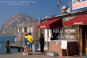 Tourists and seafood fish & chips shack at Morro Bay, Central Coast, California; Stock Photo photography picture image photograph fine art decor print wall mural gallery