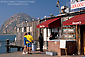 Tourists and seafood fish & chips shack at Morro Bay, Central Coast, California