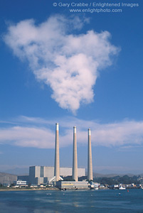 Blue sky, Smoke and smokestacks from power plant at Morro Bay, Central Coast, California; Stock Photo photography picture image photograph fine art decor print wall mural gallery