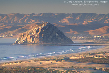 Looking out over beach towards Morro Rock at sunset, Central Coast, California; Stock Photo photography picture image photograph fine art decor print wall mural gallery