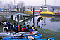 Group of young kids get class in kayaking lessons, Morro Bay, Central Coast, California