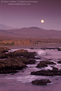 Full moon rising in evening sky over coastal hills near San Simeon, Central Coast, California; Stock Photo photography picture image photograph fine art decor print wall mural gallery