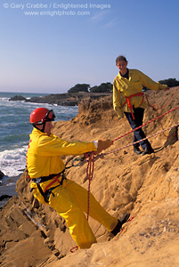 Emergency Aid workers practice cliff rescue techniques, Cambria, Central Coast, California; Stock Photo photography picture image photograph fine art decor print wall mural gallery