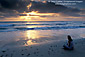 Young girl sitting on beach watching fog and ocean waves at sunset, Torrey Pines State Beach, near La Jolla, San Diego County Coast, California