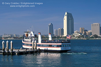 Ferry Boat on Coronado Island and Downtown San Diego as seen across San Diego Bay, San Diego, California