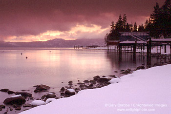 Stormy winter sunset over Lake Tahoe, California