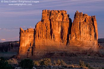 Golden light on the Courthouse Towers, Arches National Park, near Moab, Utah