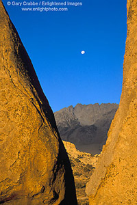 Moonset at sunrise over Basin Mountain from the Buttermilk Region, Eastern Sierra, California