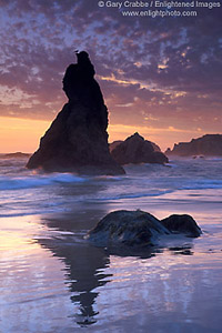 Clouds at sunset over seastack, Bandon, Oregon