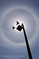  Two birds flying in a Solar Halo circle of refracted light in ice crystals around sun and blue sky and clouds, San Francisco, California.