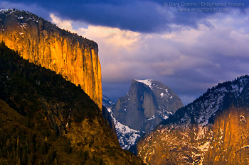 Stom clouds at sunset over El Capitan and Half Dome, Yosemite Valley, California