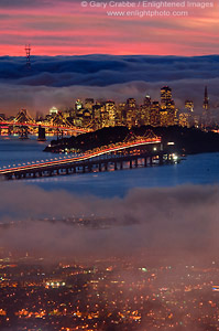 Sunset and fog over San Francisco, California
