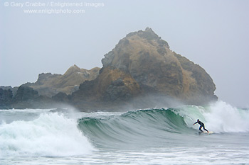 Surfer surfing the breaking waves next to coastal rock, Pfieffer Beach, Big Sur Coast, California