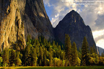 Sunset light on the base of Cathedral Rock, Yosemite Valley, California