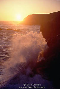 Wave crashing on coastal cliff at sunset, Marin Headlands, California