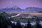 Moonset at dawn over the Teton Range and Snake River, Grand Teton National Park, Wyoming