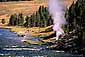 Steam rises from geyser on the Yellowstone River, near Mud Volcano, Yellowstone National Park, Wyoming