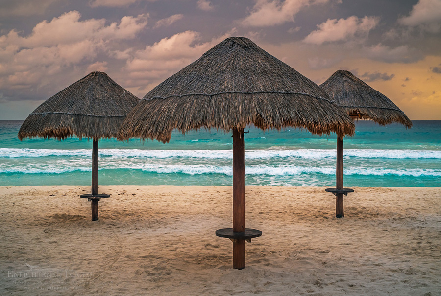 Image: Palapas on sand beach on a stormy morning near Playa Delfinas in the Hotel Zone, Cancun, Quintana Roo, Yucatan Peninsula, Mexico