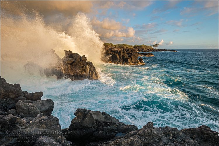 Photo: Waves breaking against lava rocks on the coast at The End of the World, North Kona District, Big Island, Hawaii