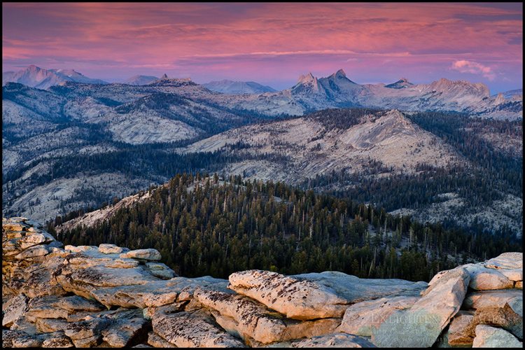 Photo: The Cathedral Range at sunset as seen from the summit of Clouds Rest, Yosemite National Park, California