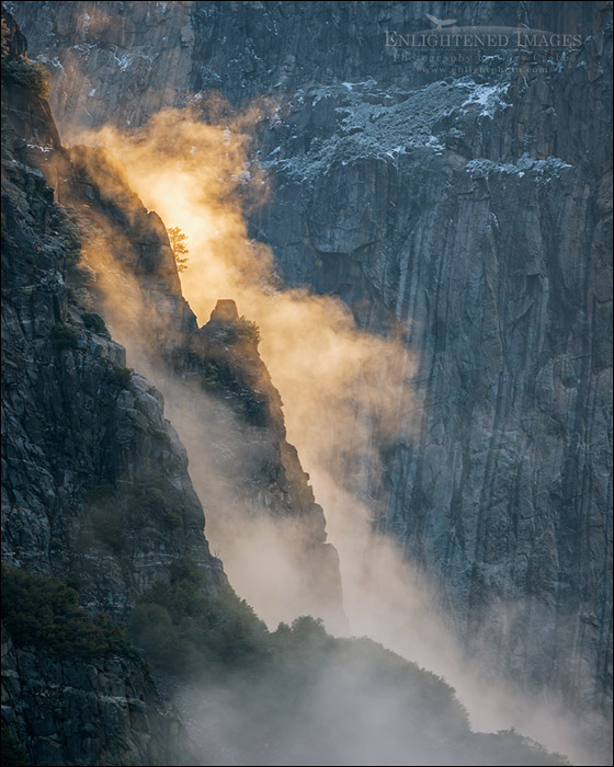 Photo: Sunlit morning mist along cliff face in Yosemite Valley, Yosemite National Park, California