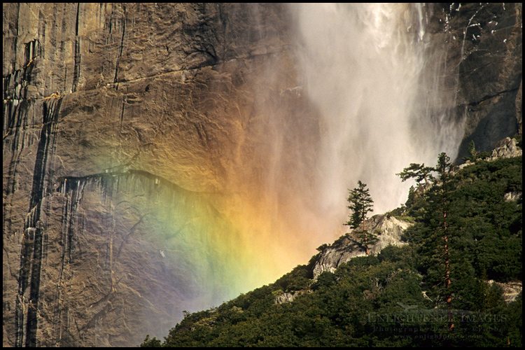 Photo: Rainbow in the waterfall mist and spray at the base of Upper Yosemite Fall, Yosemite Valley, Yosemite National Park, California - ID# YES2-0049