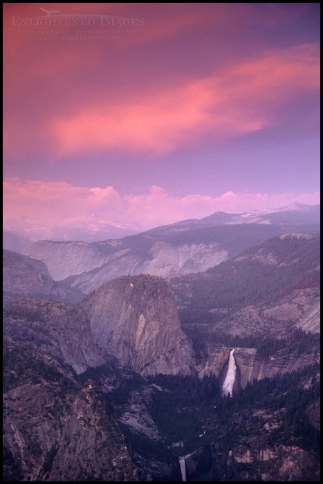 Photo: Sunset light on clouds over Vernal Fall, Nevada Fall, Liberty Cap, and the Little Yosemite Valley, along the Grand Staircase of the Merced River as seen from Glacier Point, Yosemite National Park, California - ID# YES2-0065