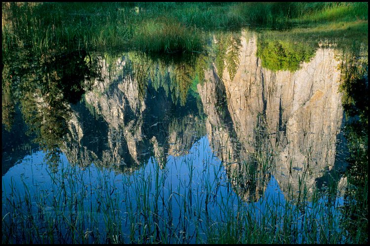 Photo: Cathedral Rocks reflected in flooded pool of water in spring meadow, Yosemite Valley, Yosemite National Park, California - ID# YES2-0089