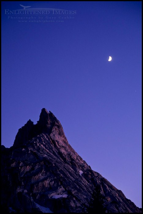 Photo: Moon in purple evening sky over Ragged Peak, Yosemite National Park, California - ID# YOS-0255