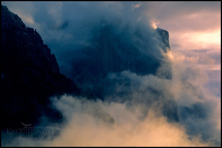 Storm clouds at sunrise shroud El Capitan, Yosemite Valley, Yosemite National Park, California - ID# YOS-0257