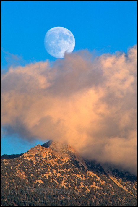 Nearly Full Moon rising over clouds above Mount Clark at sunset, Yosemite National Park, California - ID# YOS-0259