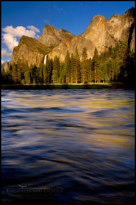 Photo: Sunset light on Bridalveil Fall over the Merced River in spring, Gates of the Valley, Yosemite Valley, Yosemite National Park, California - ID# VLY2-2035