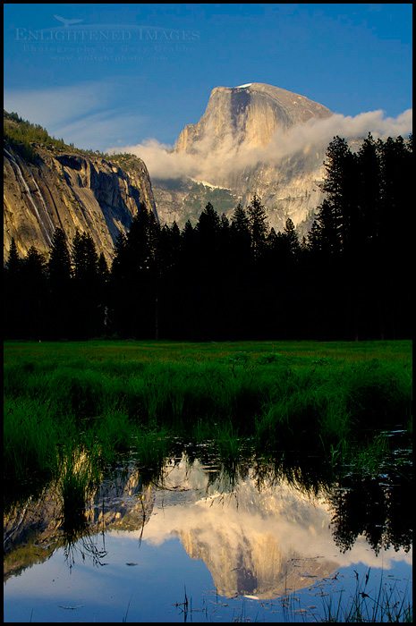 Cloud on Half Dome at sunset reflected in water, Cooks Meadow, Yosemite Valley, Yosemite National Park, California - ID# VLY2-2128