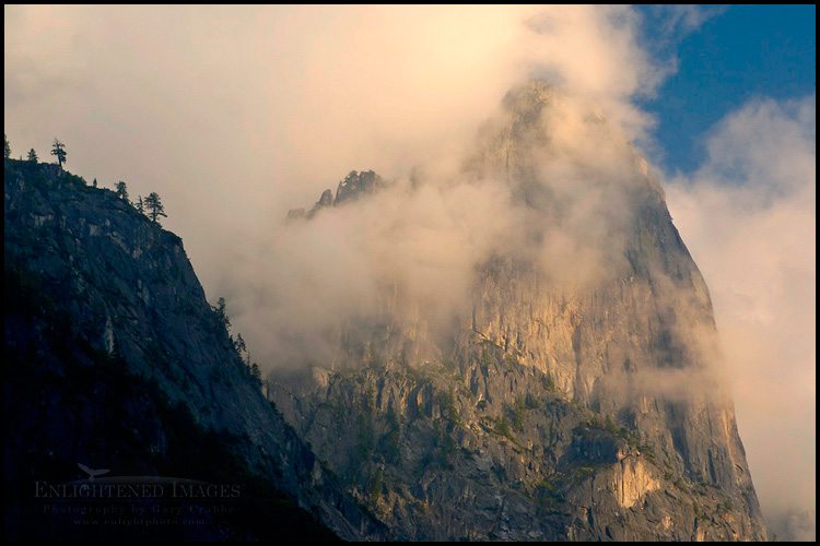 Photo: Storm clouds at sunset shroud the sheer cliff walls of Sentinel Rock, Yosemite Valley, Yosemite National Park, California - ID# VLY2-2138