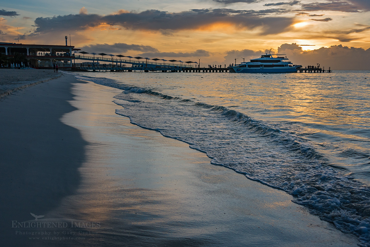 Photo: Sunrise light over the ferry and beach at Playa Del Carmen, Quintana Roo, Yucatan Peninsula, Mexico