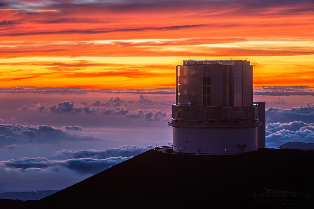 Photo: Sunset clouds and the Subaru Telescope observatory on the summit of Mauna Kea, (13,800') Big Island of Hawai'i, Hawaii