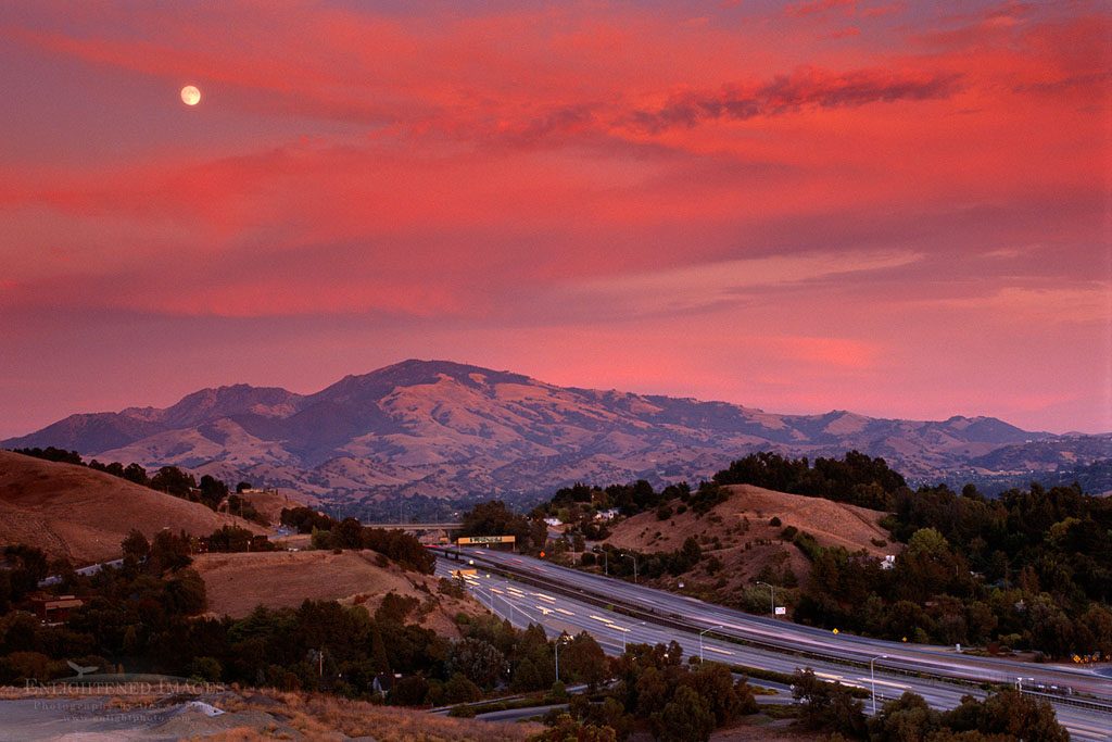 Photo: Moonrise at sunset over Mt. Diablo and freeway, Lafayette, Contra Costa County, California