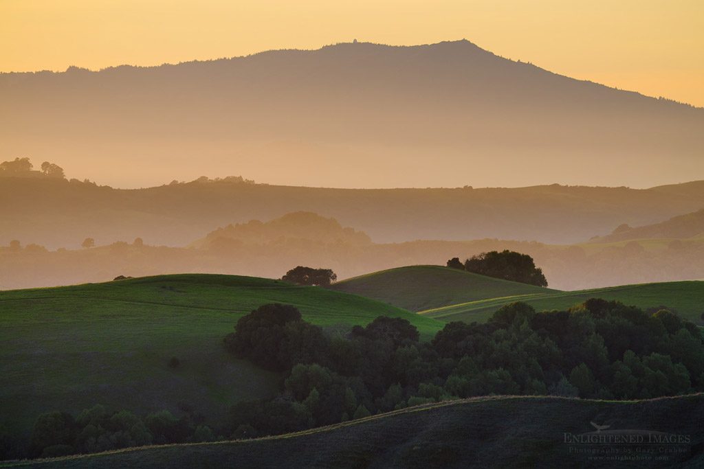 Photo: Sunset light over rolling hills, with Mount Tamalpais in distance, Briones Regional Park, Contra Costa County, California