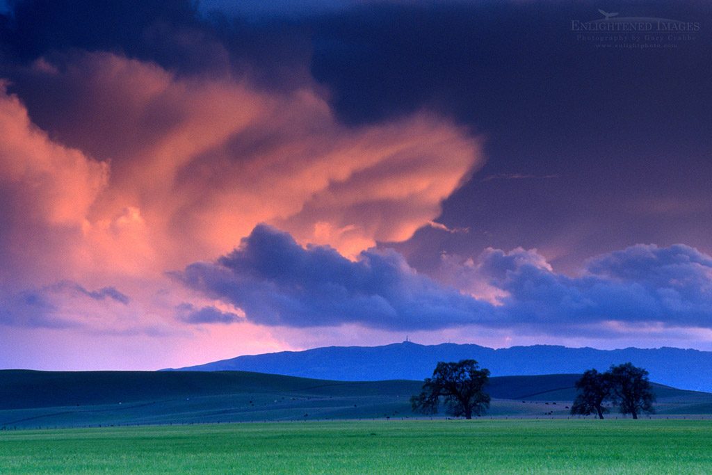 Photo: Alpenglow on storm clouds at sunset over green pastures near Tassajara, Contra Costa County, California