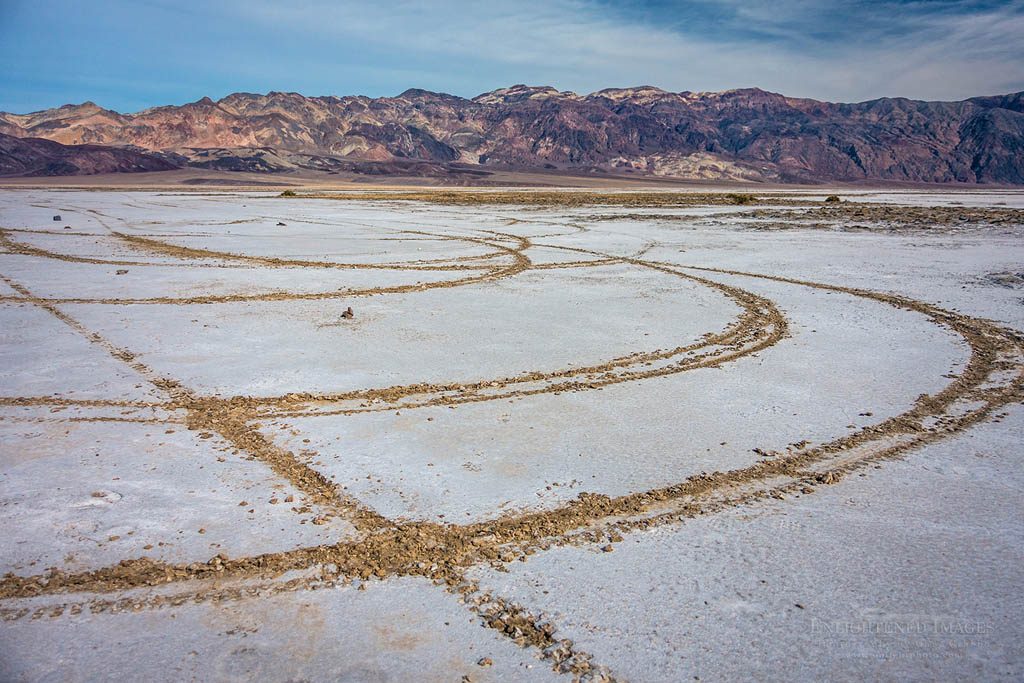 Photo: Vandalism damage on public lands by driving on the fragile crust of the Badwater Playa, Death Valley National Park, California