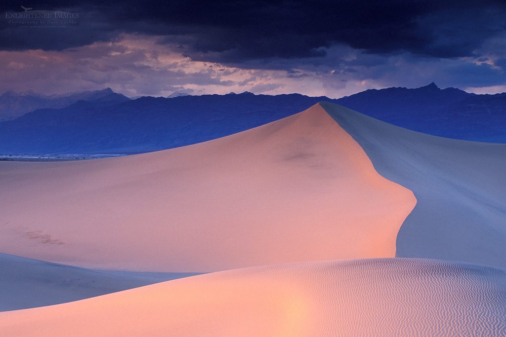 Photo: Storm clouds in evening over sand dunes and mountains, Stovepipe Wells, Death Valley National Park, California