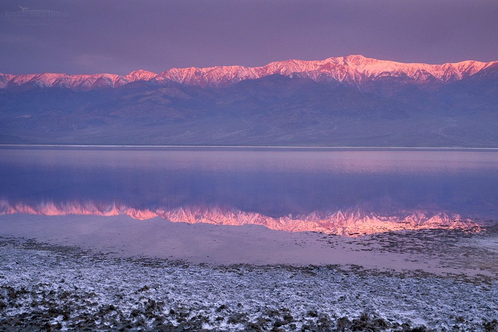 Photo: Storm clouds over Panamint Mountains and flood waters at sunrise, near Badwater, Death Valley, California
