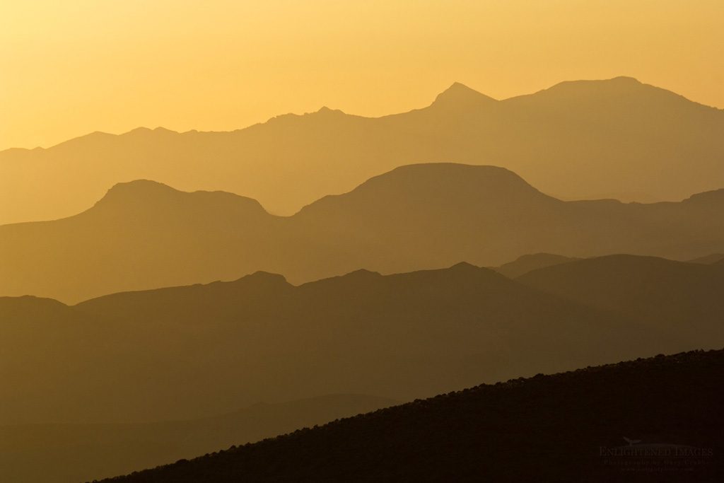 Photo: Sunrise light behind mountain ridges, from Dantes View, Death Valley National Park, California