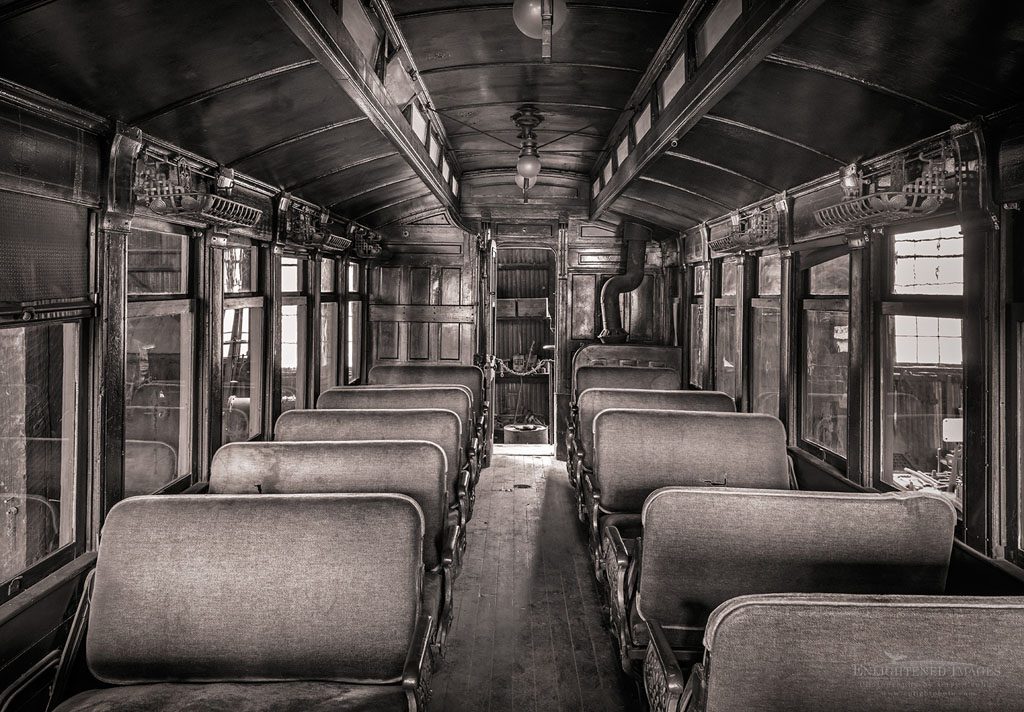 Photo: Antique late 19th-century railroad coach car, Railroad 1897 State Historic Park, Jamestown, California