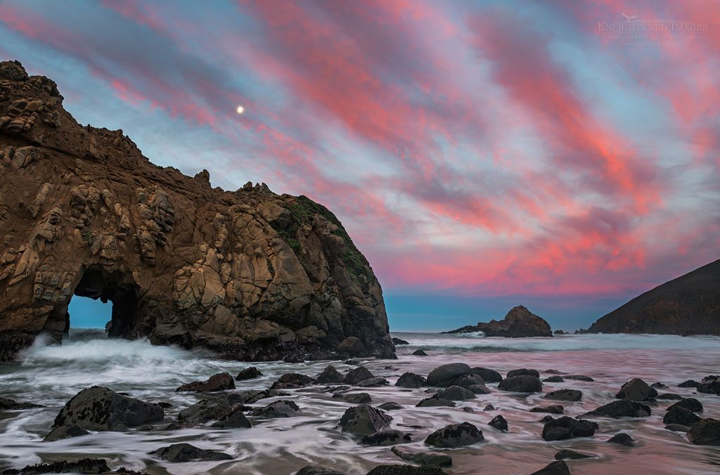 Photo: Moonset at dawn over Keyhole Arch rock at Pfeiffer State Beach, Big Sur coast, Monterey County, California