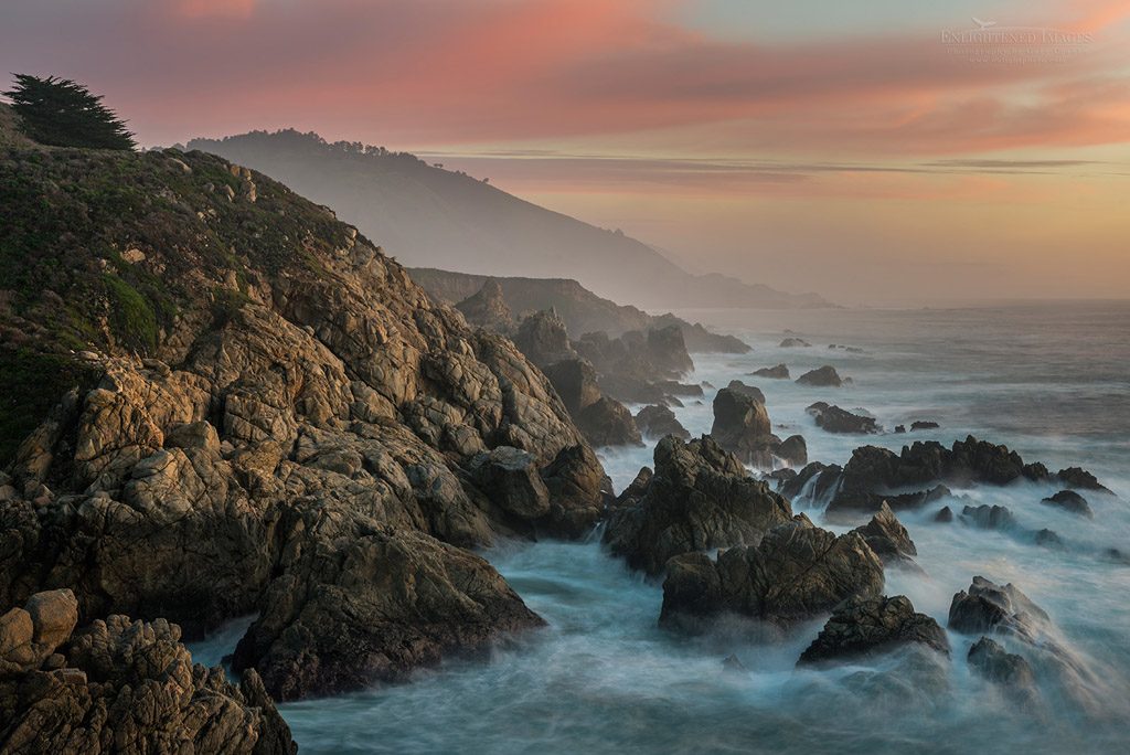 Photo: Sunset light along the rugged rocky coastline of  Garrapata State Park, Big Sur coast, Monterey County, California