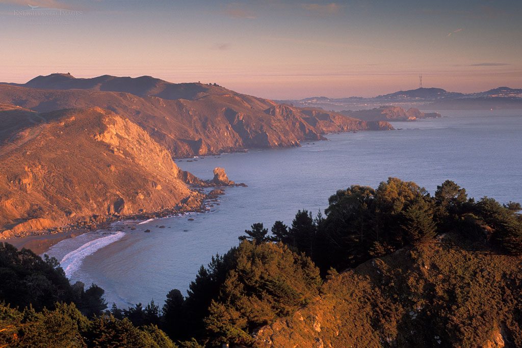 Photo: Sunset light on the rugged coastal cliffs overlooking the Pacific Ocean from above Muir Beach, Marin County, California