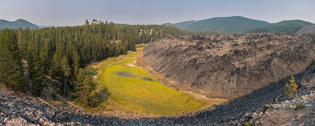 Photo: Panorama overlooking the Big Obsidian Flow from the Obsidian Flow Trail in Newberry National Volcanic Monument, Deschutes National Forest, Central Oregon
